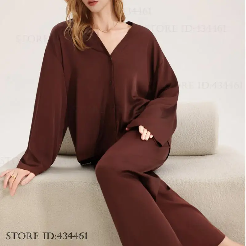 

Female Pajamas Set Fashion Coffee Colored Long Sleeved Trouser Pijamas Suit Silky Satin Sleepwear Loungewear Autumn New Homewear