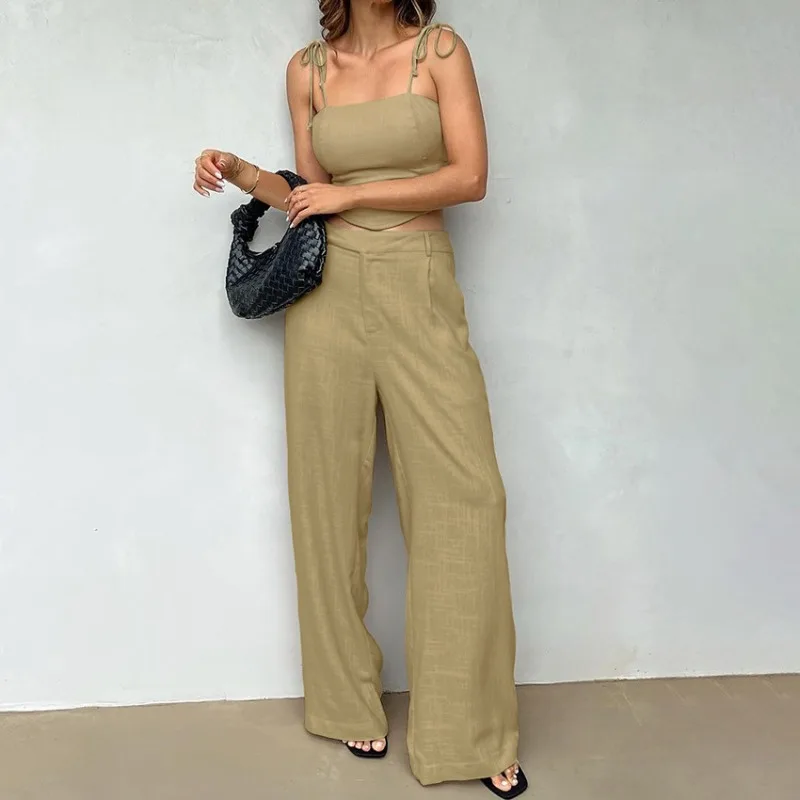 Summer Female Clothes Fashion Cotton Hemp Crop Tank Top & Pants Set Street Personalized Women Khaki Casual Trousers Outfits Y2K