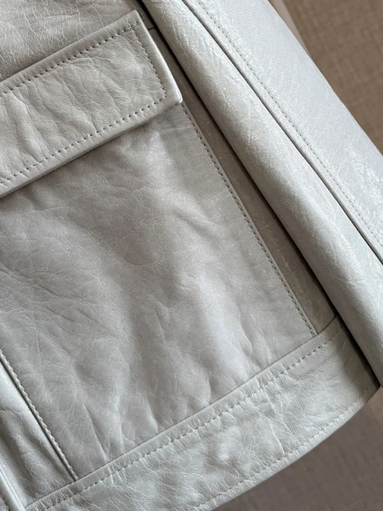 Giacca corta da donna in vera pelle moda colletto couverture tasca vera pelle di pecora ufficio signora moto cappotto in cera d'olio capispalla