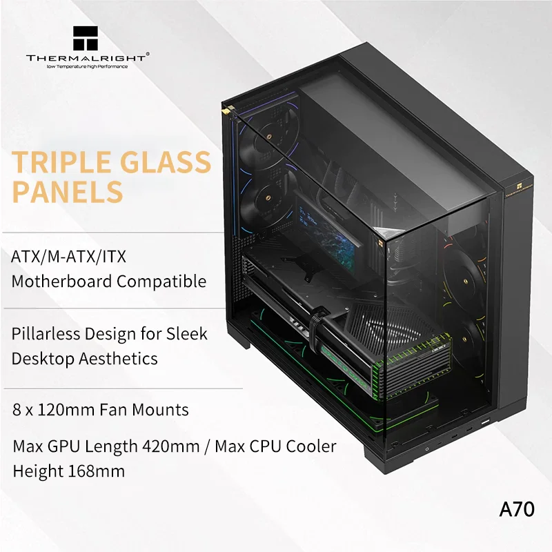 

Корпус для настольного компьютера Thermalright TR-A70 ATX/Поддерживает видеокарты ≤420 мм/Блок питания ≤200 мм
