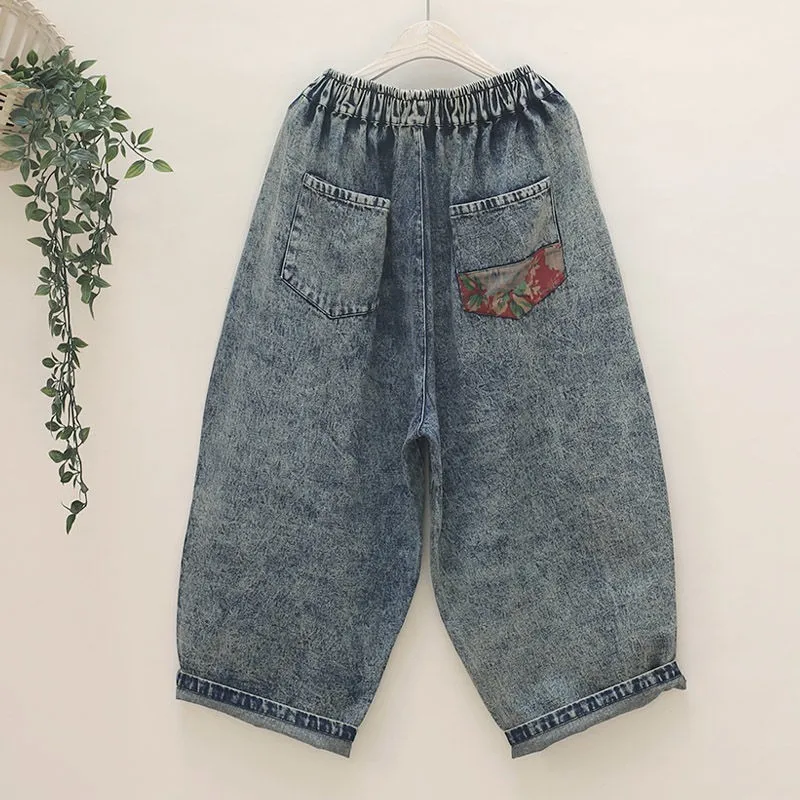 New Arts Style Spring Autumn Women Elastic Waist Cotton Denim Wide Leg Pants Vintage Patch Designs Ankle-length Loose Jeans C719