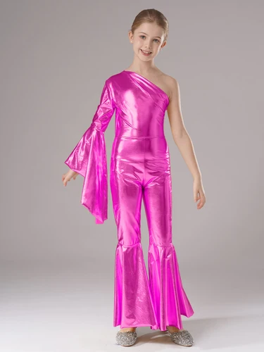 Imagen 2 del producto Mono de baile de Jazz con parte inferior de campana brillante metálico para niñas, traje de actuación de fiesta temática a la moda con un hombro para niños
