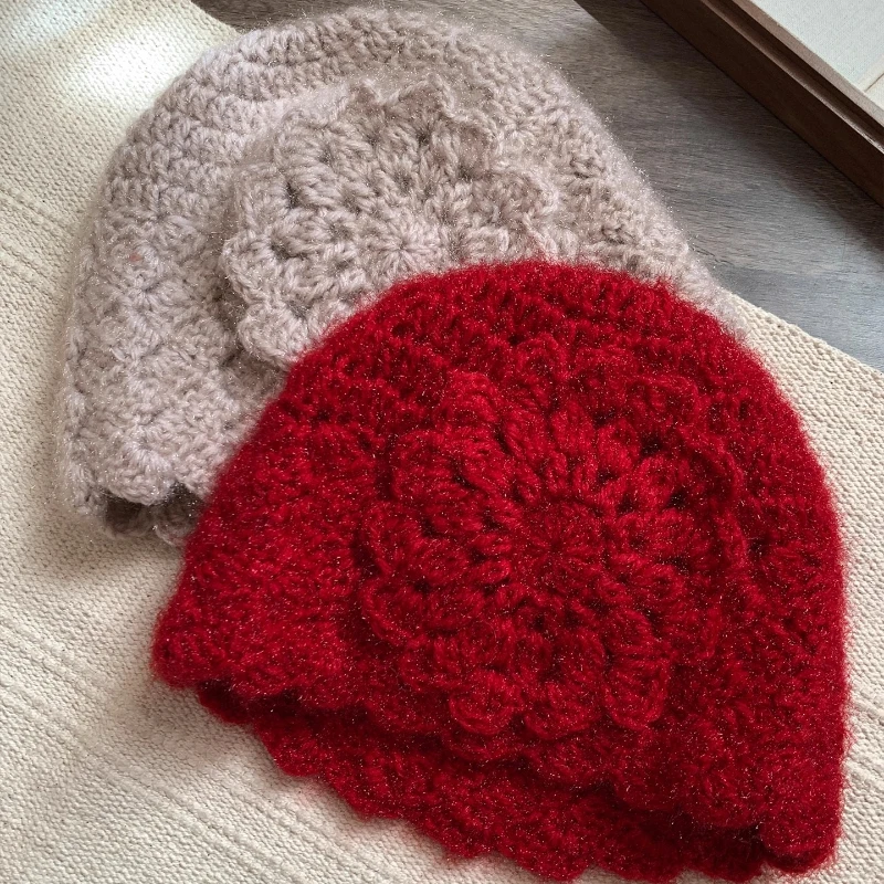 جديد اليد الكروشيه ثلاثية الأبعاد زهرة البلوز القبعات للنساء الخريف والشتاء السفر صور جو تنوعا عادية الدافئة بيني