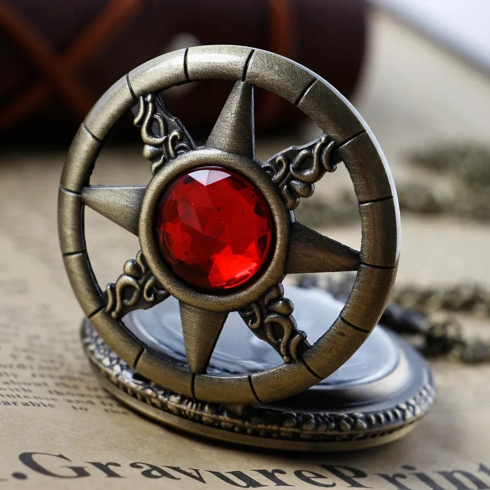 Red Gemstone Inlay Design Quartz Pocket Watch Elegant Retro Women's Necklace Chain Pocket Watch Gifts for Girls Men