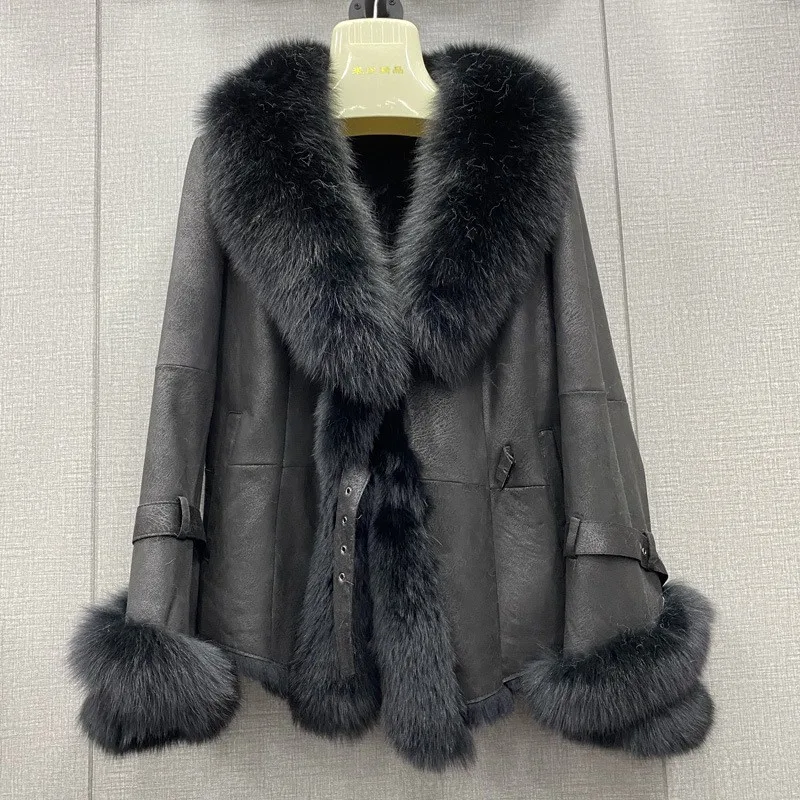 Women Leather Jackets Rabbit Fur Composite Cropped Coat Slim Short Tops Luxury Large Real Fox Fur Collar Clothing Winter Sweet