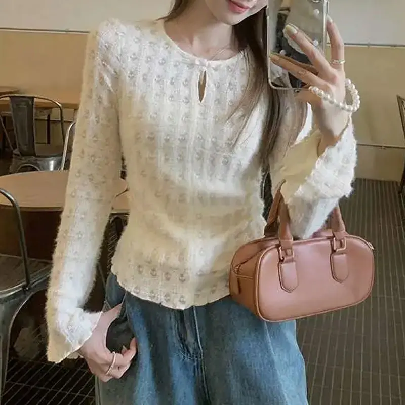 

Fashionable Hollow Out Bow Pullovers Women's Clothing Solid Color Autumn Sweet Round Neck Slim Long Sleeve Basic Casual T-shirts