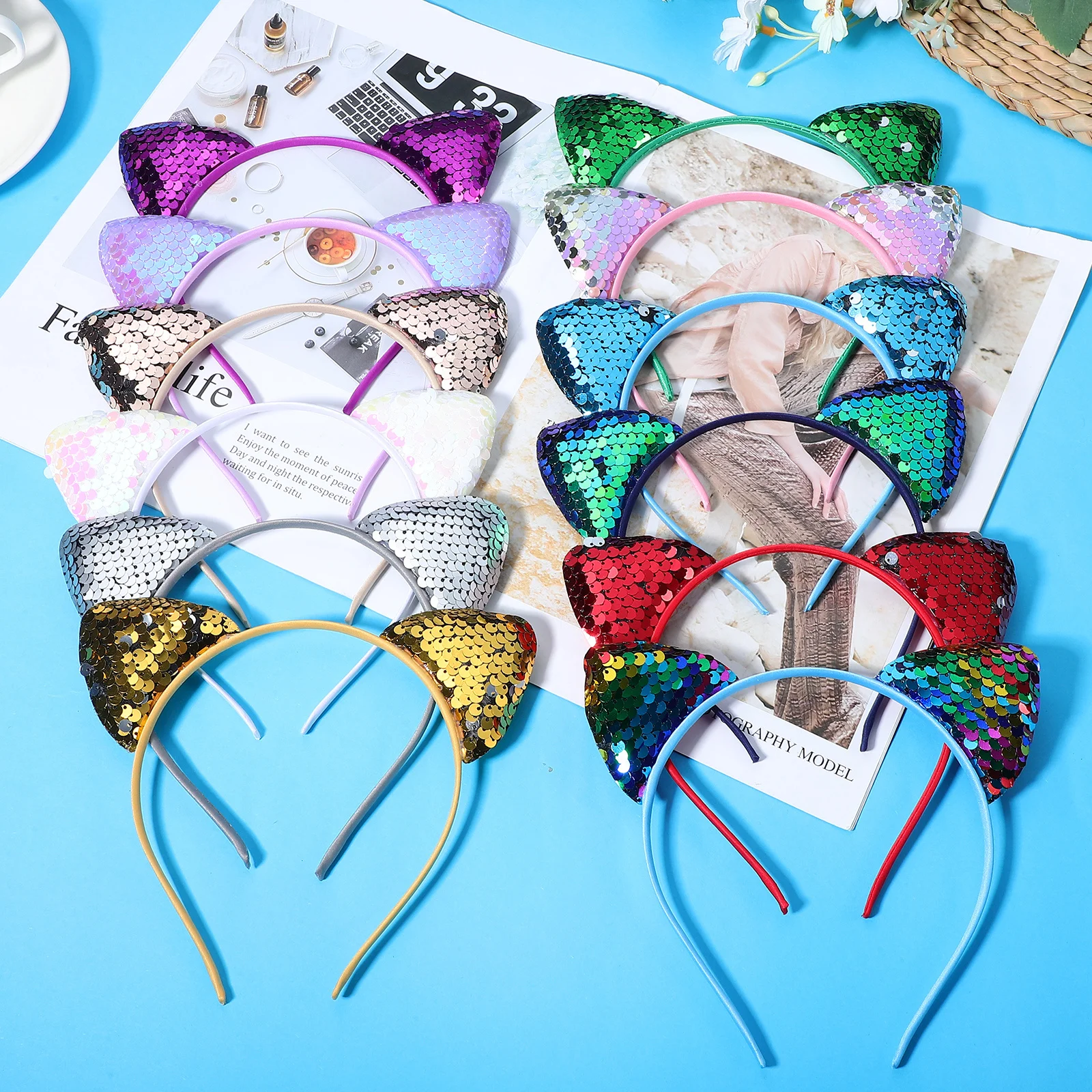 

12pcs Cat Ear Headbands Shiny Sequin Lightweight Comfortable Hair Accessories For Women Girls Cosplay Theme Wear