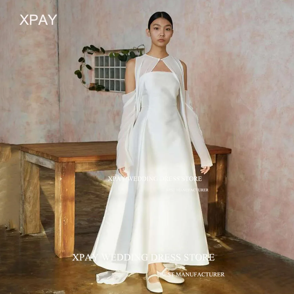 

XPAY 2 Pcs Strapless Korea Wedding Dresses With Cape Satin Floor Length 웨딩드레스 Prom Party Photos Shoot Backless Bridal Dress 2024