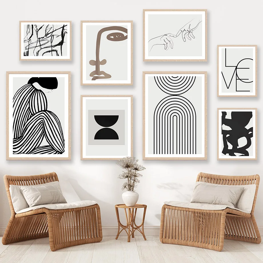 Black Line Girl Face Rainbow Geometry Wall Art Canvas Painting Abstract Posters Prints Wall Pictures for Living Room Home Dec