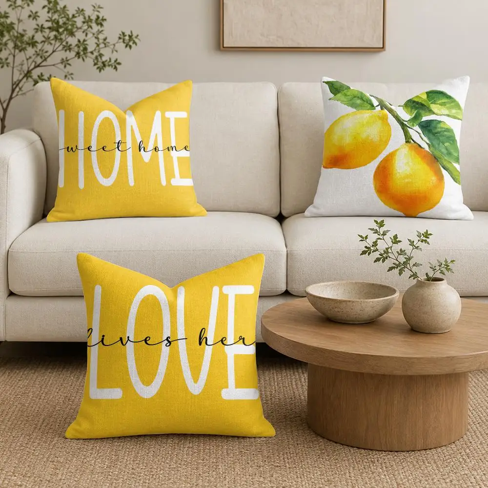 Sweet Home Lemon Letter Cushion Cover Natural Linen Organic Fabric Double-Sided Printing Sofa Home Decor Gift Pillow Cover