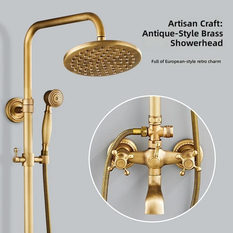 Antique Brass Shower Set, Oil Rubbed Bronze Bathroom Faucet, Adjustable Head, Rainfall Spray, Wall Mounted, Complete Kit