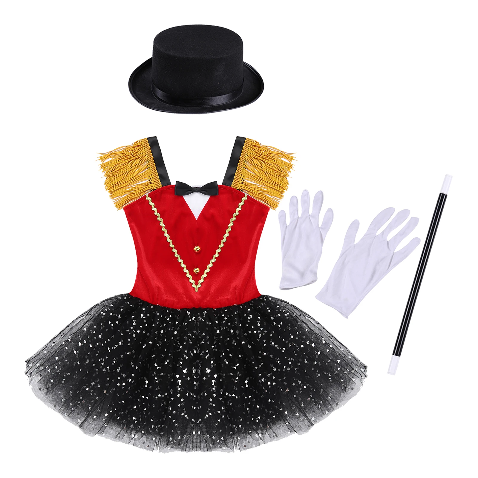 Girls Jr.Magician Cosplay Costume Circus Showman Tassel Tuxedo Tutu Dance Dress with Magic Accessories School Stage Performance