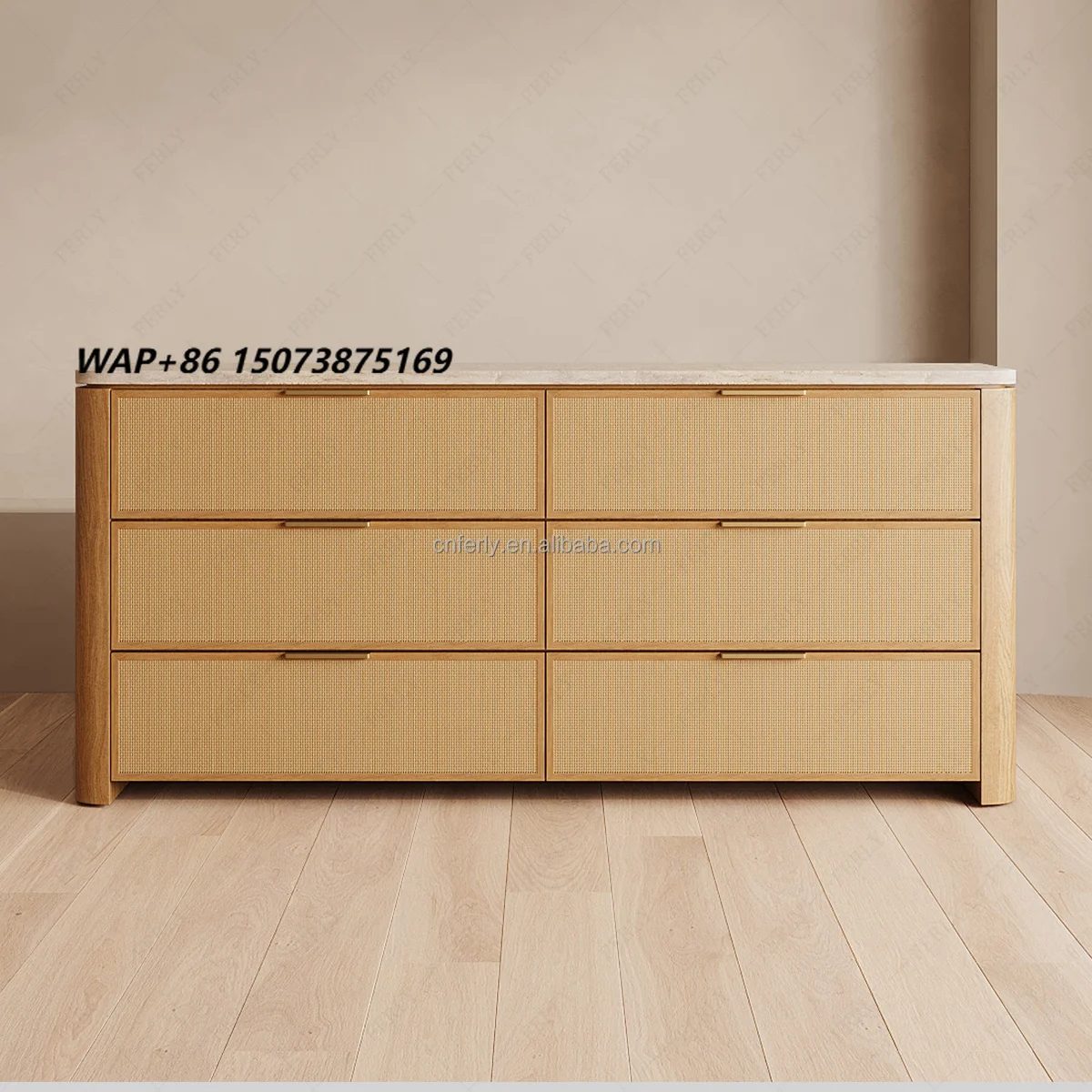 FERLY Scandinavian Modern Oak Iron Travertine Rattan Dressing Table 6-Drawer Luxurious Bedroom Furniture Natural Element Series