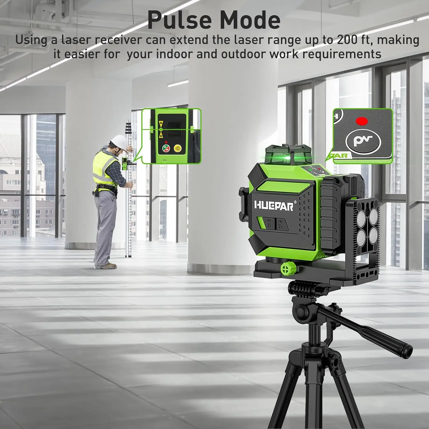 Huepar 703CG 12 Lines 3D Laser Level Self-Leveling Cross Line Green Level Adjust Bright Alignment Laser Tool with Li-ion Battery