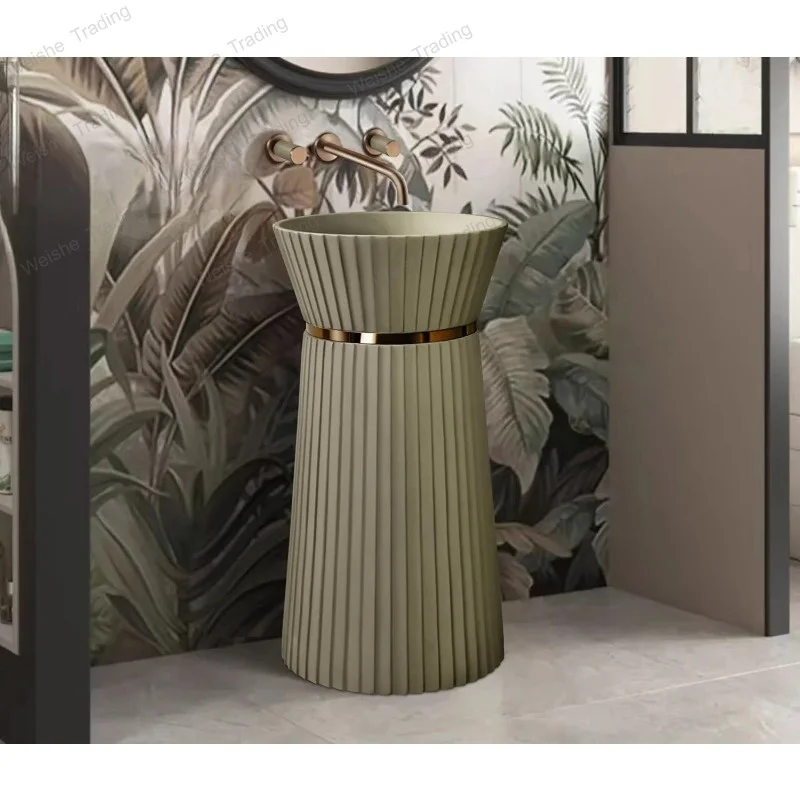 French Retro Green Sink Basin, Skirt Design Freestanding Pedestal Sink, Unique Art Column Washbasin for Bathroom