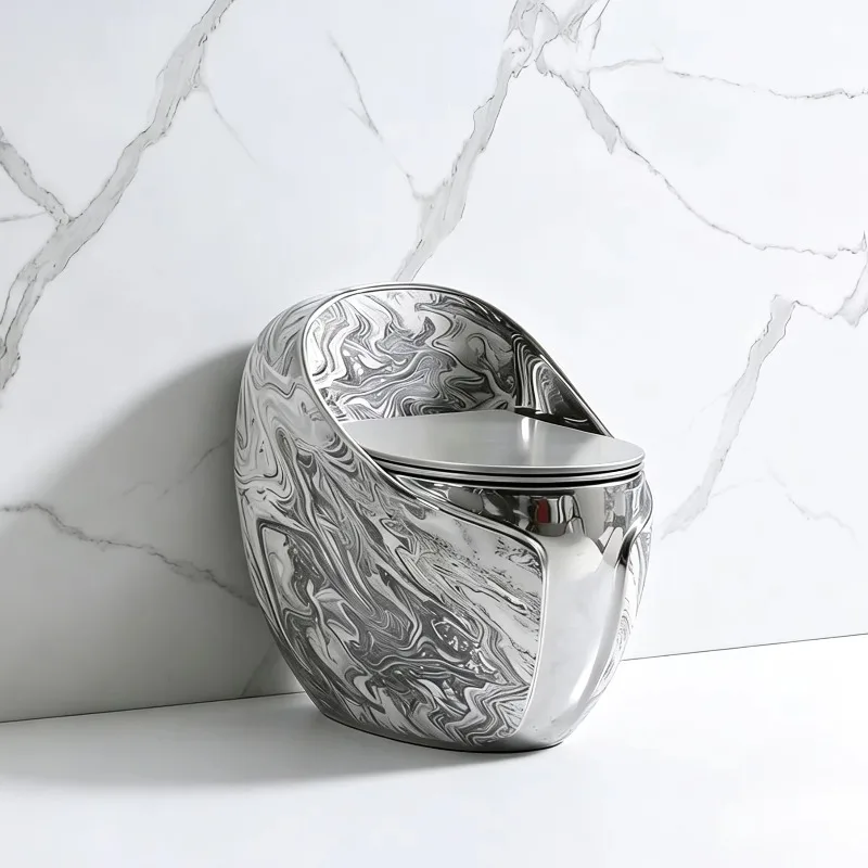 Egg Shape Floor Mounted Toilet with Marble Pattern Modern Ceramic One-Piece Toilet for Bathroom