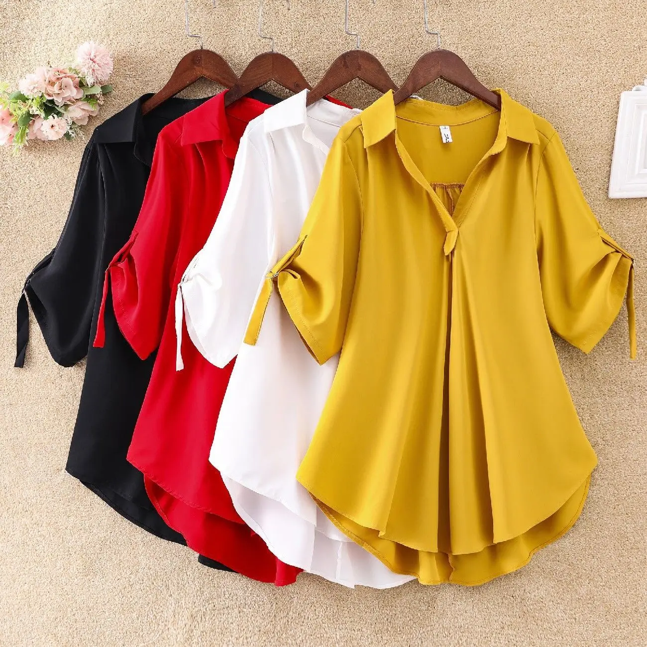 

2025 Summer Women's Plus Size Flowy Midi-Length Chiffon Shirt - Loose Fit Waist-Defining Tunic Top