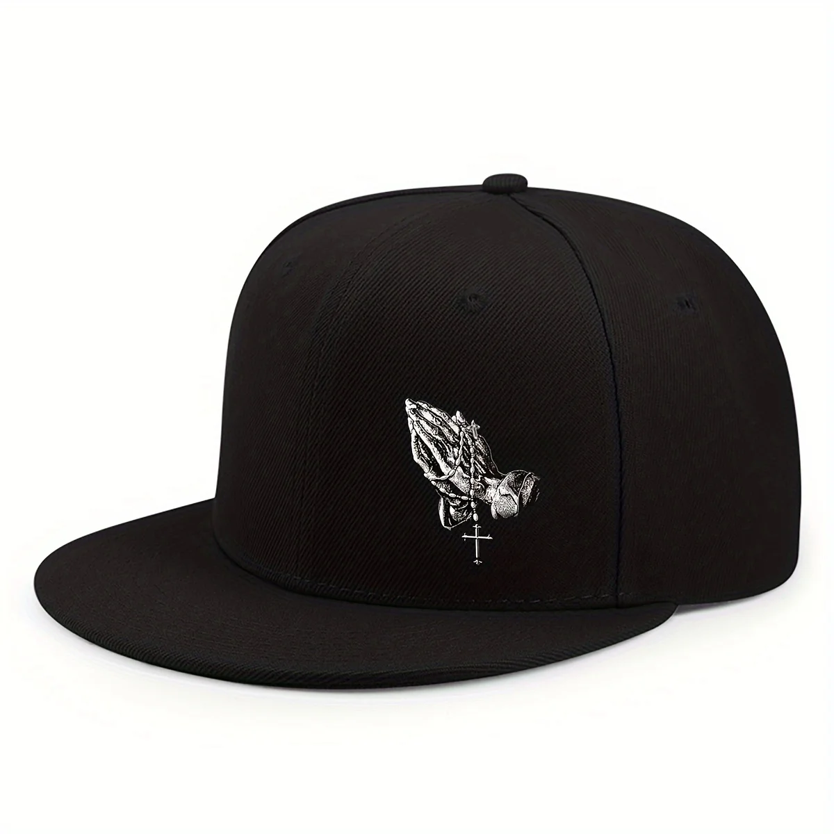 Black Hip-Hop  Cap with Prayer Hands& Cross Embroidery- Adjustable, Breathable Polyester Street Style Accessory for Men& Women,