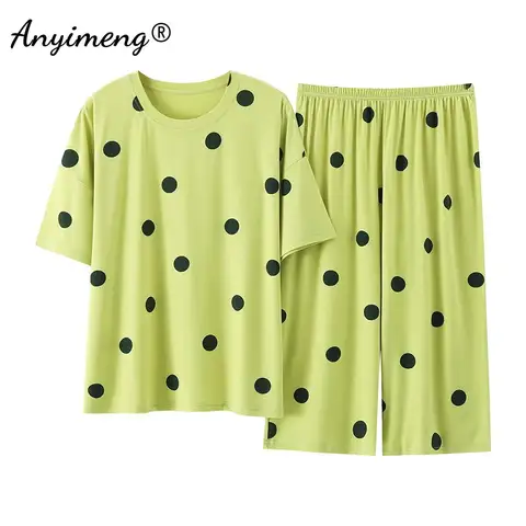 Plus Size Women's Capri Pants Pajamas Sets Polka Dot Print Modal Sleepwear for Women Summer Knee-length Pajama Woman Loungewear