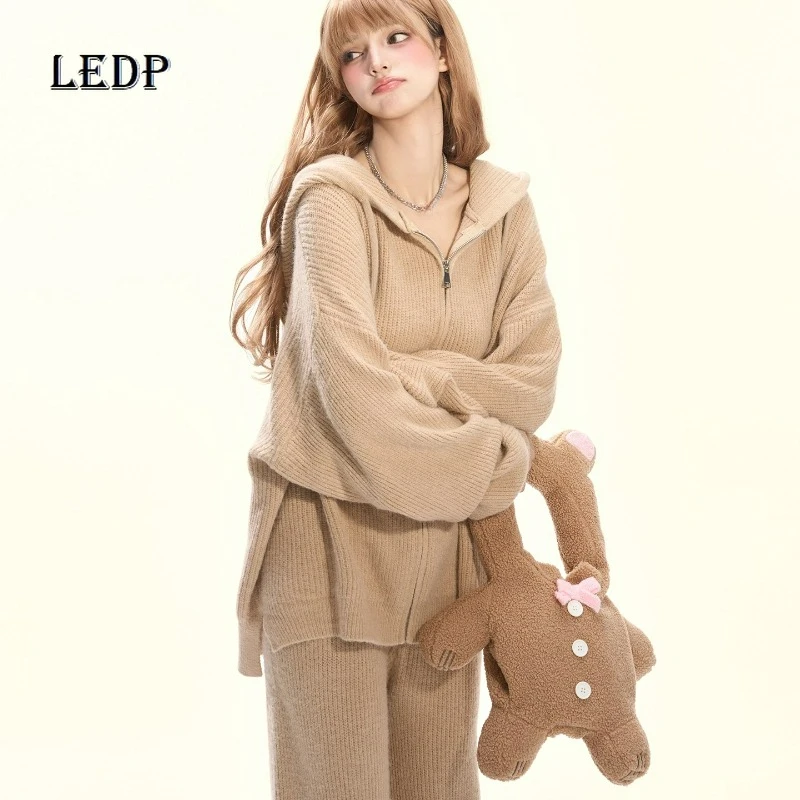 

Korean Retro Design Khaki Hooded Zipper Women's Knitted Sweater 2025 Autumn New Loose Slimming Wide-Leg Long Pants Set Ladies