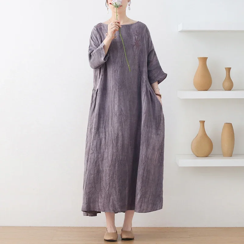 

Short Sleeve Cotton Linen Dresses Vintage Solid Summer Artist Pocket Pleated Long Dress Femme Emboidered 2024 Hem Women Clothes