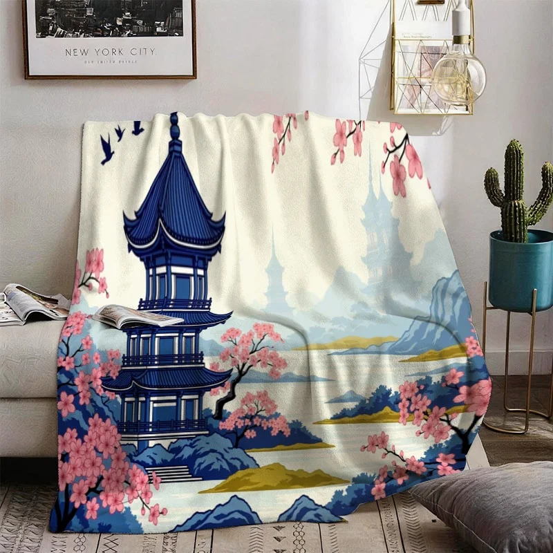 Luxury Cherry Blossom Sakura Throw Blanket Japanese Pagoda Spring Decor Cozy Fleece Plush Anime Style Couch Throw Gift for Home
