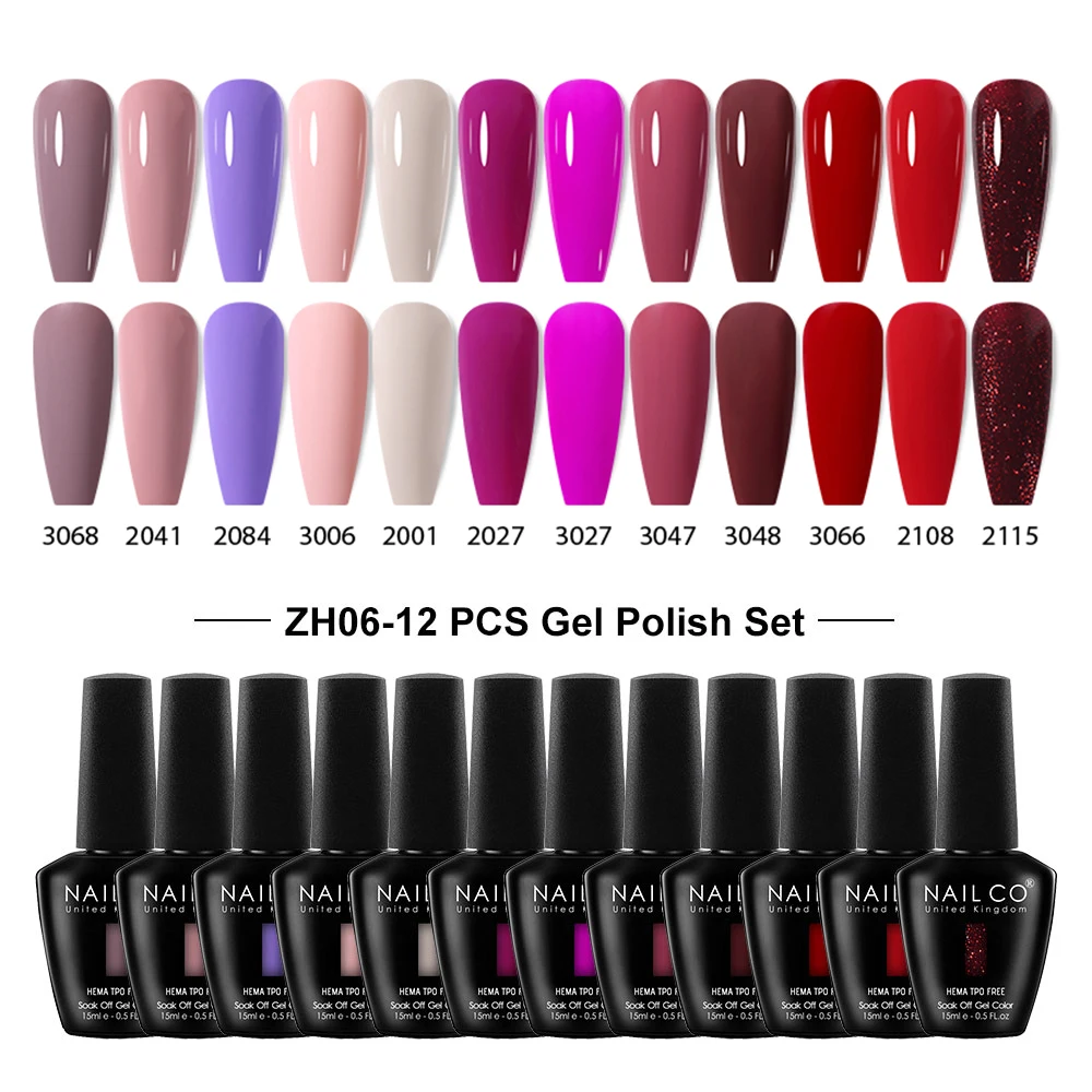 

NAILCO 12pcs/Set Gel Nail Polish 15ml LED Gellak Soak Off UV Gel Varnish DIY Pink Color Glitter Nail Gel Polish Nail Art Lacquer