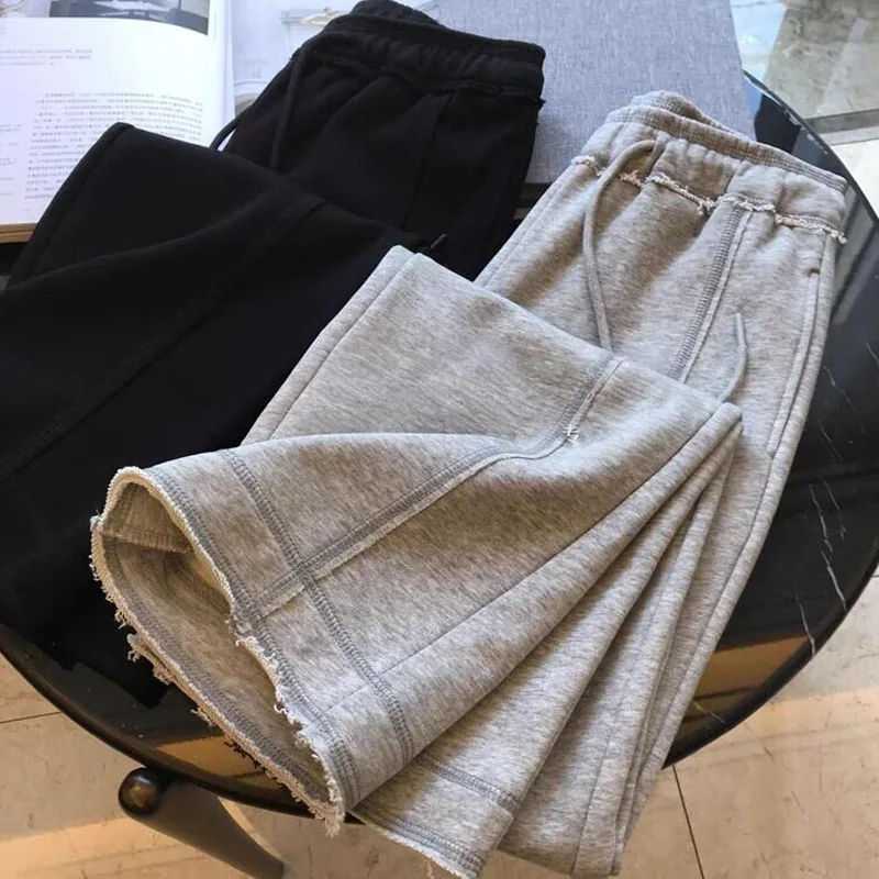 New Gray Sports High-Waisted Slimming Wide-Leg Long With Frayed Hem Casual Pants For Women Spring And Autumn Trousers
