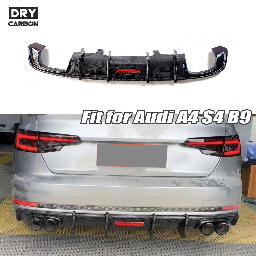 

Dry Carbon Fiber Rear Diffuser Protector For Audi A4 S4 B9 2017-2019 Sline Rear Bumper Lip Spoiler With Light ABS Body Kits FRP