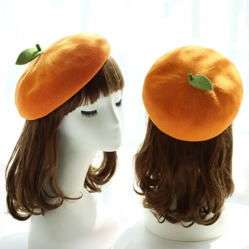 Qisin Green apple beret autumn and winter 2023new Korean fruit pumpkin hat cute soft sister little leaf painter hat woolen beret