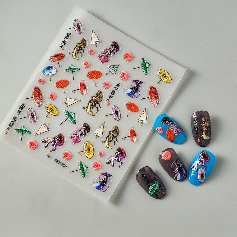 Pretty Girl and Her Umbrella 5D Nail Charms Decals for Manicure Women