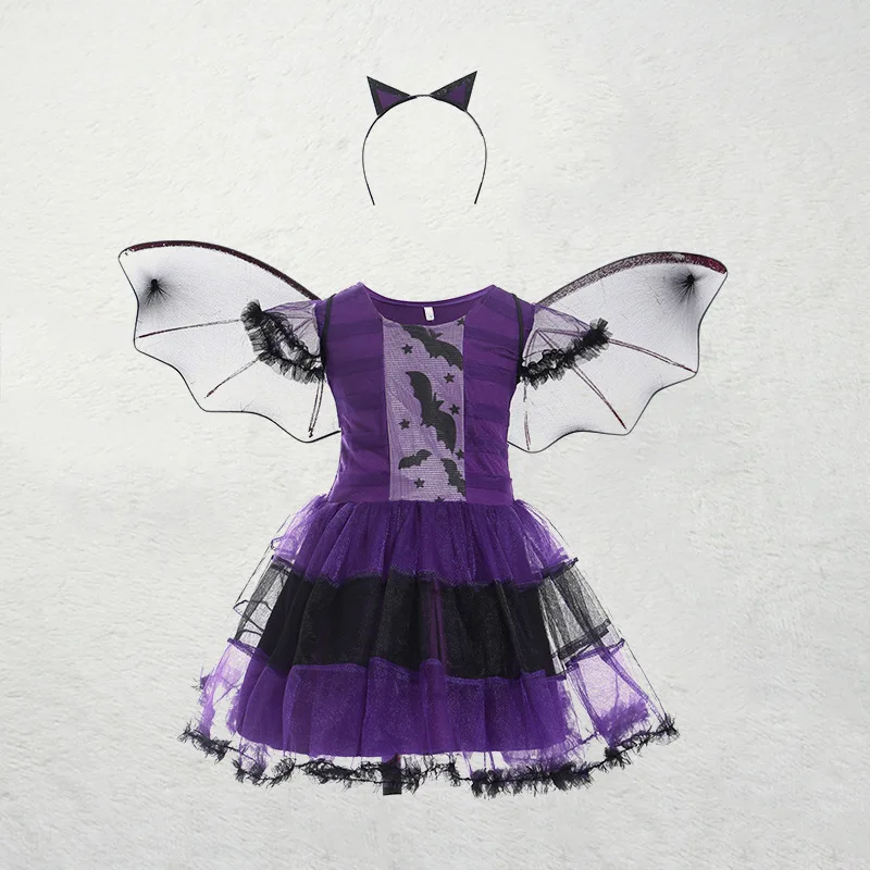 Robe de Princesse Vampire Chauve-Souris Violette pour Fille, Costume Cosplay de Barrage, Vêtements de Sorcière avec Aile, Vêtements d'Halloween