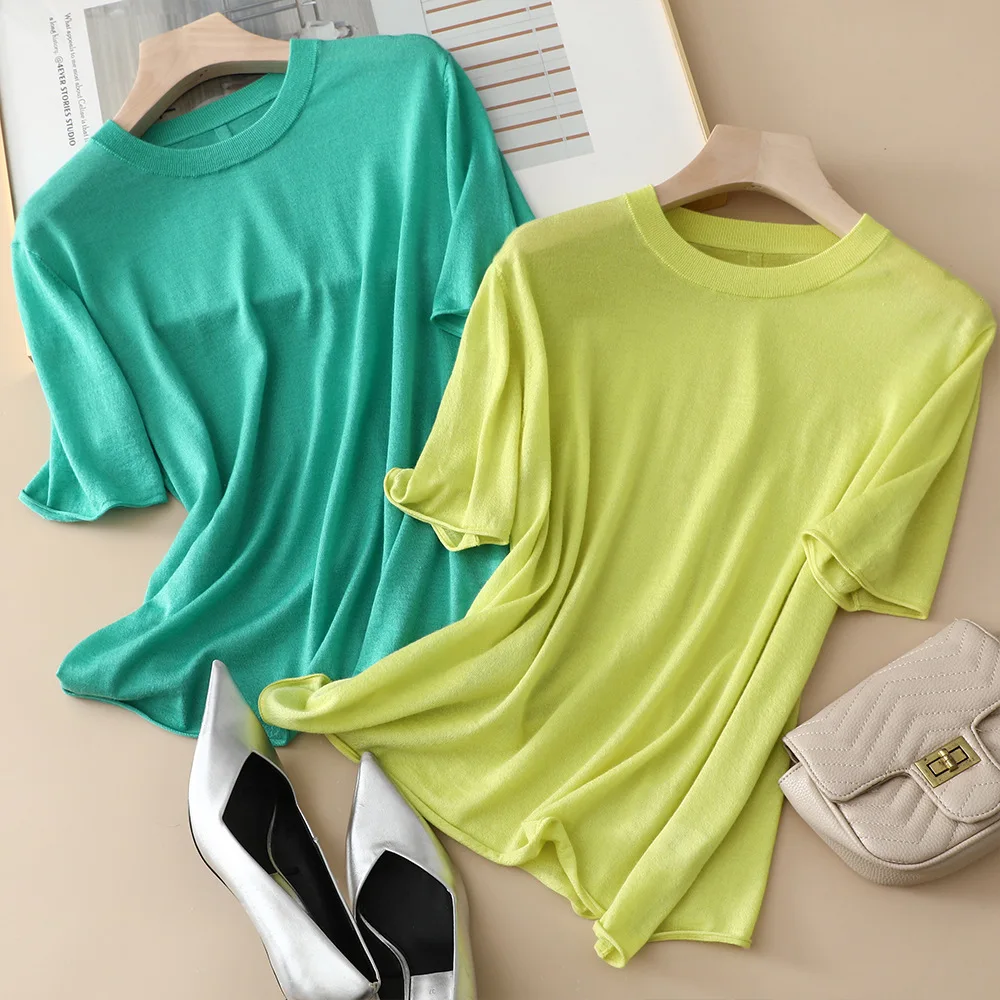 

Women's T-shirt 2024 New Spring Summer Silk Wool O-neck Loose Casual Fresh Short Sleeve Top