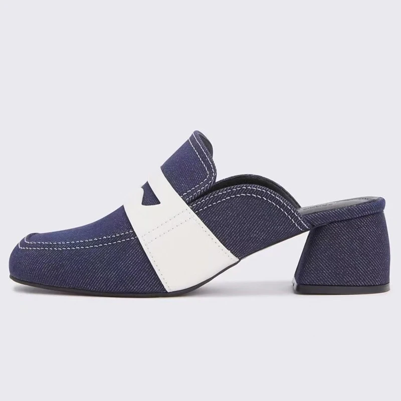 

Square Toe Women High Chunky Heels New Denim Fabric Sandals Office Lady Belt Patchwork Slip On Dress Mules