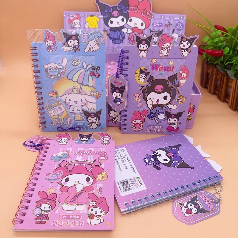 Imagem -02 - Sanrio Notebook Bobina Livro Adesivos Kuromi Melody Cinnamoroll Student Handbook Material Adesivo Notepad Papelaria Brinquedo das Crianças 24 Pcs