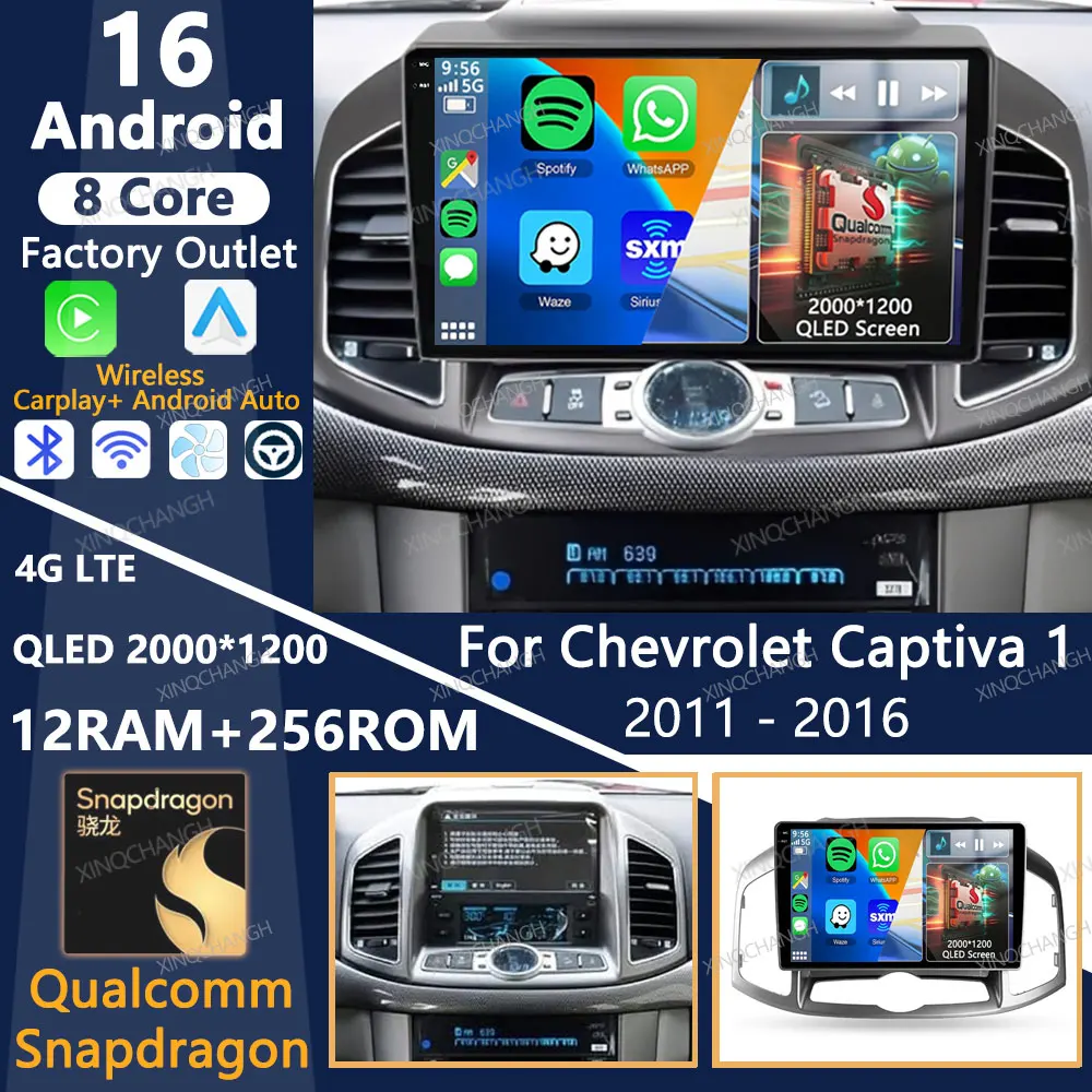 Radio para Auto Android 16 para Chevrolet Captiva 1 2011-2016, Unidad Principal 2DIN, Carplay, Auto 4G WIFI, Reproductor Multimedia Qualcomm con Video, BT