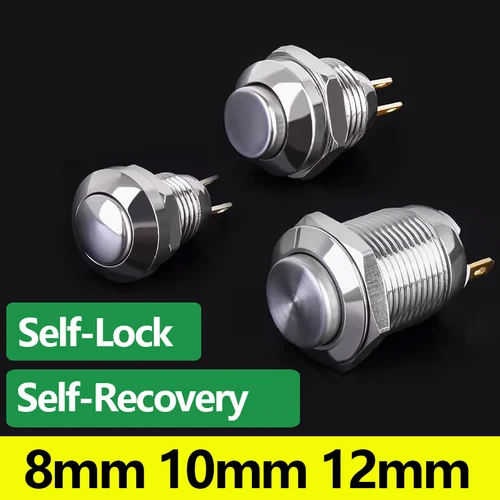 Interruptor de botón de metal, autobloqueo, recuperación automática, 1no, normalmente abierto, pequeño, botón pequeño, resistente al agua IP65, 8mm, 10mm, 12mm