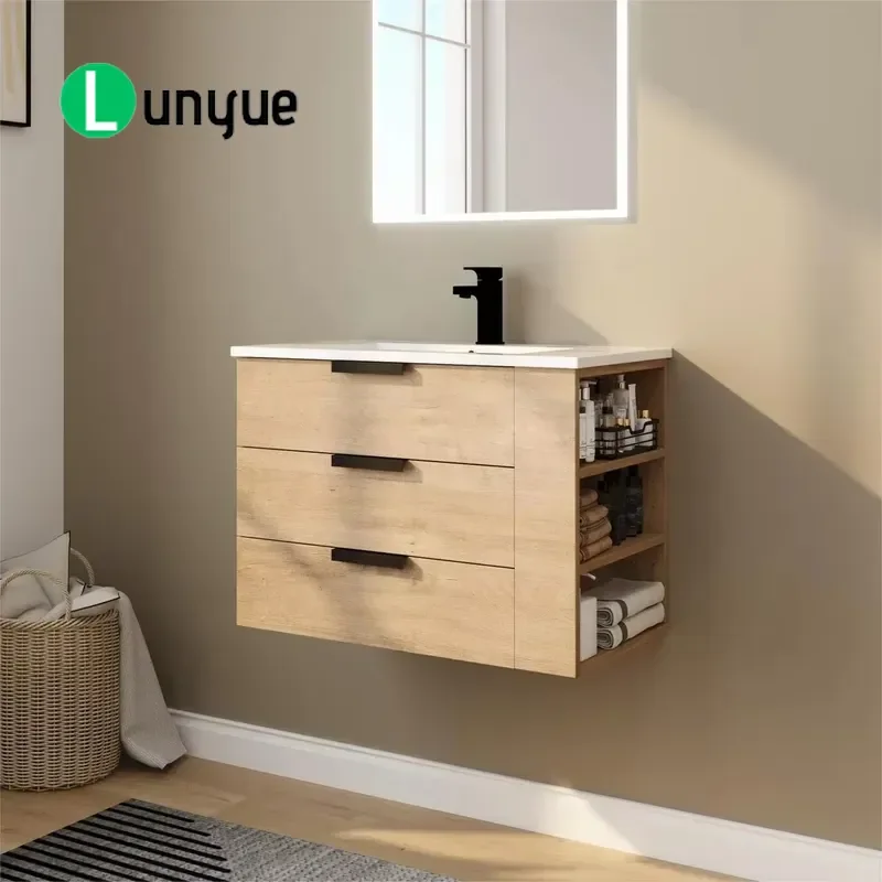 Oak Veneer Floating Bathroom Vanity with Integrated Ceramic Basin Soft Close Drawer Multi Tier Side Open Storage Modern Wall