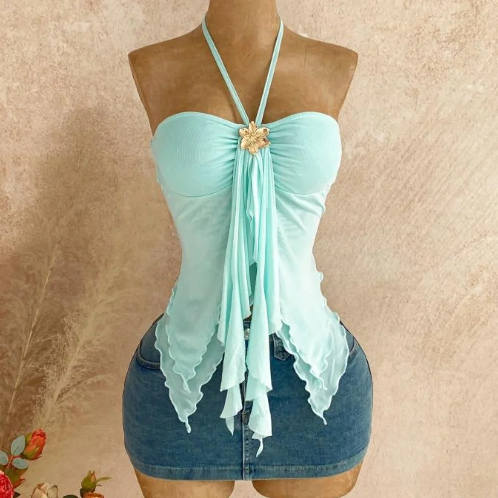 2026 Summer New Baddie Style Irregular Hem Mesh Hanging Neck Top Sexy Slim Metal Decoration Sleeveless Women's Vest Top