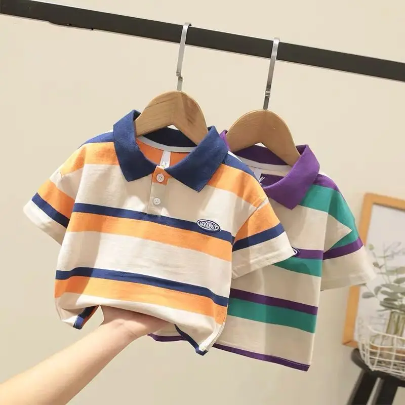 

Cotton Short Sleeve Striped Printed 2023 Summer Boys Clothes Lapel Fashion Loose Casual Kids Clothes Simplicity Trend Polo Shirt