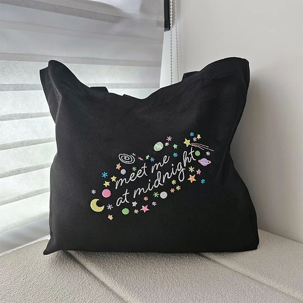 Meet Me At Midnight Space Embroidered Women Canvas Shoulder Bag Kpop Ladies Shopping Bags Cotton Cloth Fabric Retro Handbags