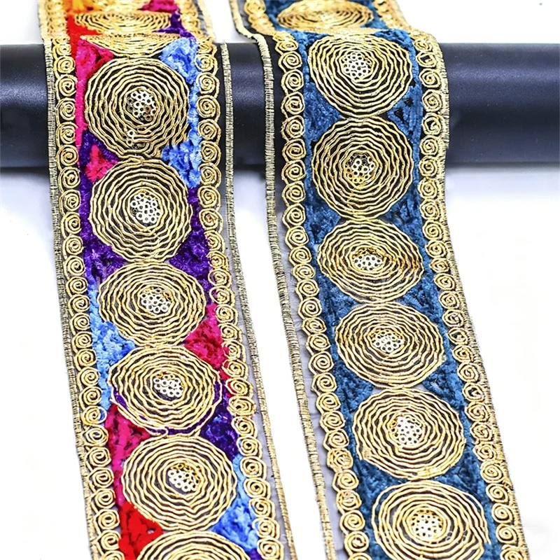 5 Yards Ethnische Pailletten-Bestickte Spitzenborte, Farbenfrohe Retro DIY Nähzubehör für Kleidungsdekoration Spitzenband