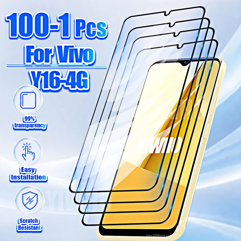 1-100Pcs Protective Tempered Glass for Vivo Y16 4G 6.51" V2204 V2214 Screen Protectors Front Case Full Cover Phone Film