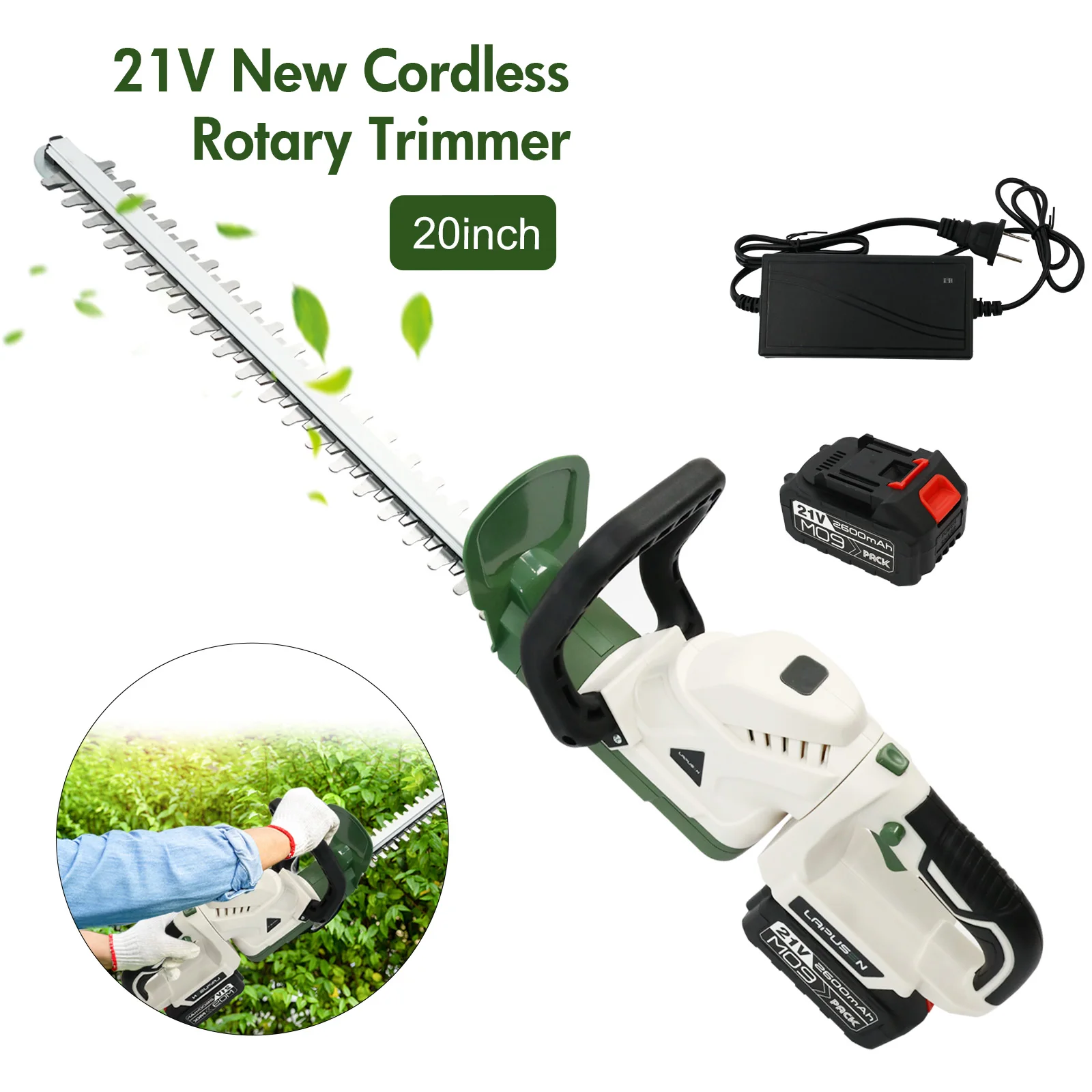 

21V Cordless Rotary Trimmer 20" Dual-Action Blade Electric Hedge Trimmer 20000 RPM Handheld with 4.0Ah Battery Fast Charger
