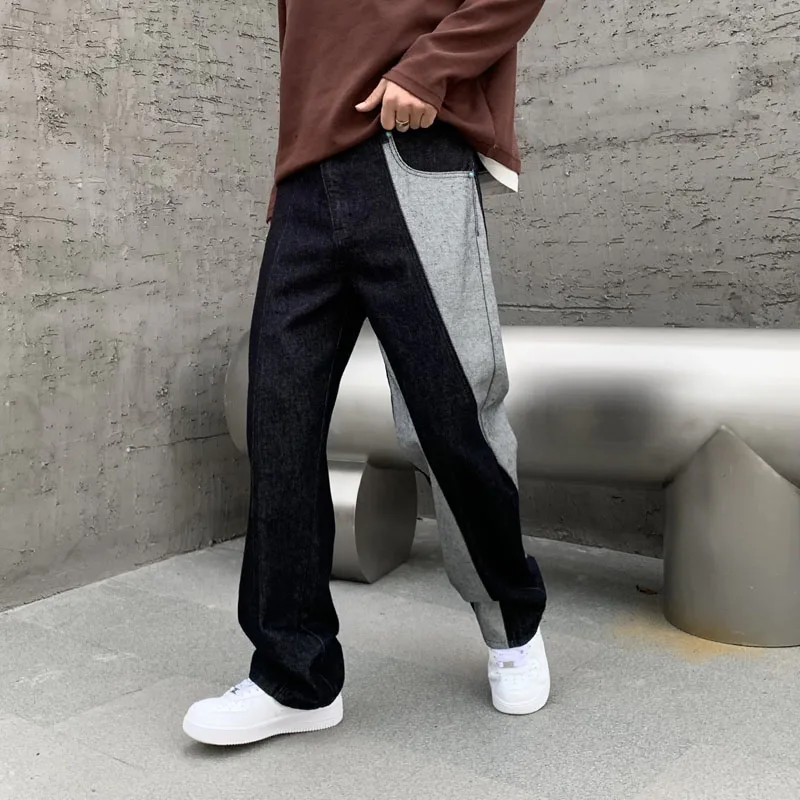 Streetwear high-end tide fashion personality splicing collision color baggy jeans men y2k pants handsome men's wide-legged pants