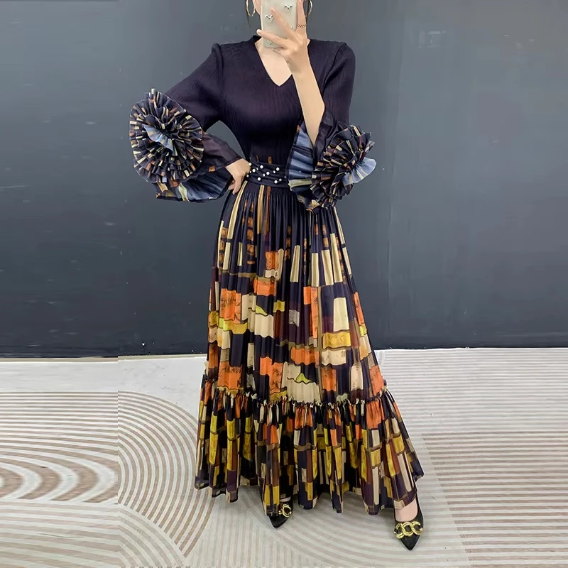 ANLAN Elegant Yellow Black Tie Dye Print Pleated Women's Maxi Dress Ruffle Sleeve Belted Waist Party Occasions Dresses 2026 New