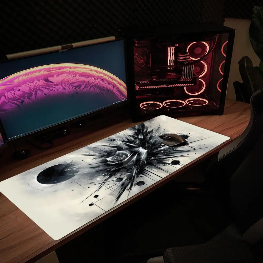 Black White Ink Daisy XXL Gaming Mouse Pad Ink Floral Abstract Art Desk Mat Non-Slip Rubber Computer Keyboard Desktop Mouse Mats