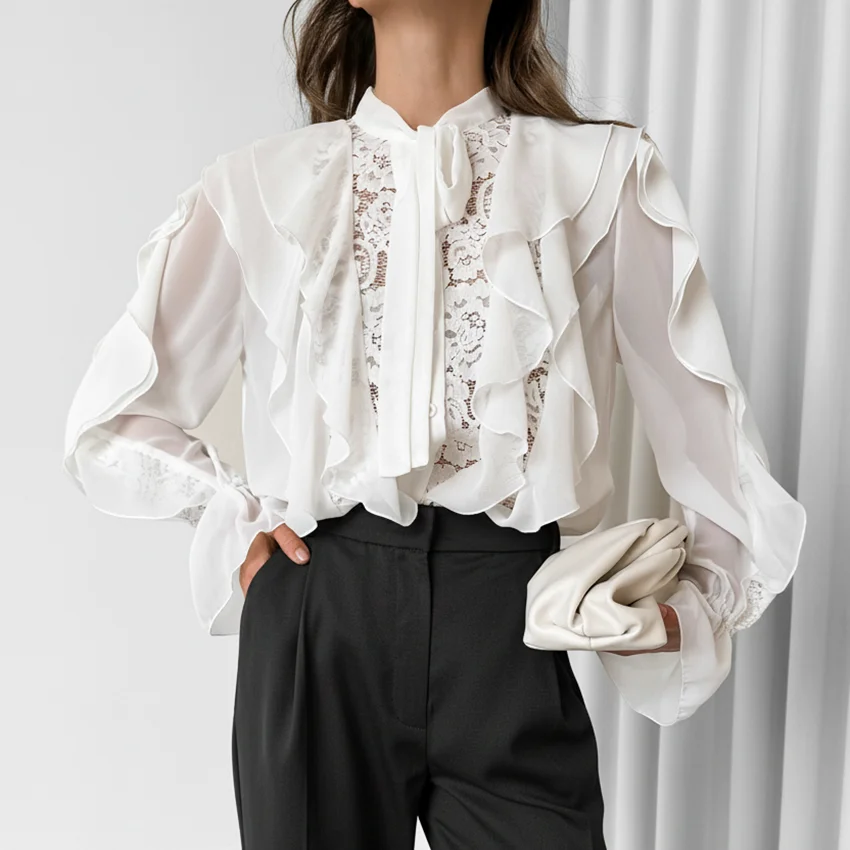 

Linad Vintage White Embroidery Woman Blouse Elegant Flare Sleeve Lace Shirts 2025 Sexy Sheer Long Sleeve Ladies Tops Autumn Bow