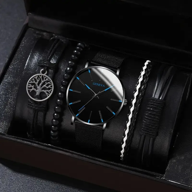 4/5PCS Fashion Men Business Watches Casual Quartz Watch Leather Strap Male Wristwatches Bracelets Set（Without Box）