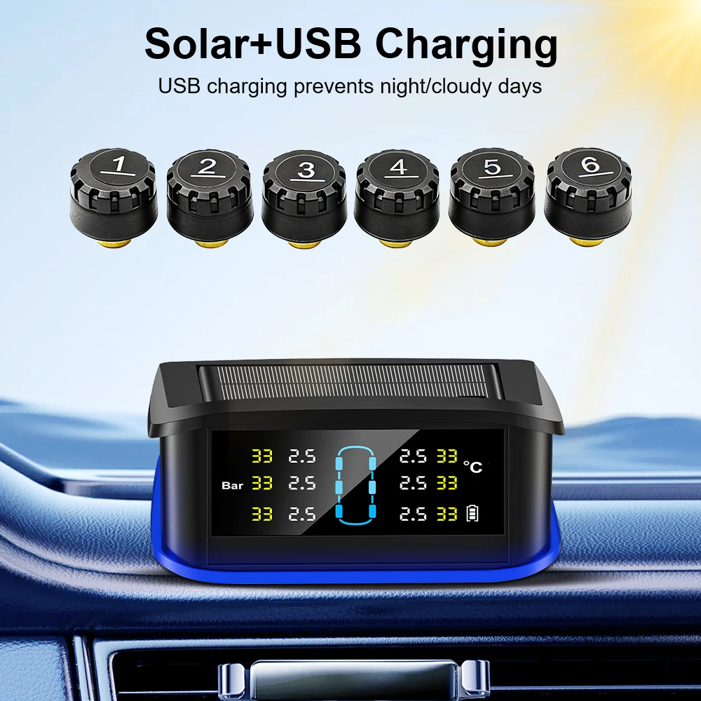 

Safety Alarm Truck RV TPMS Car Tire Pressure Alarm Monitoring System 6 External Sensors ​Solar TPMS Digital LCD Display